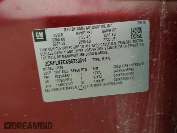 2011 Chevrolet Equinox 2LT with VIN 2CNFLNECXB6230314, listed as a Copart auction lot 51684465 with 81,426 mi miles and Salvage Title. Bid and sale history available at DreamBid. Image 13.