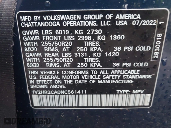2022 Volkswagen Atlas SE with VIN 1V2HR2CA0NC561411, listed as a IAAI auction lot 41941719 with Not provided miles and . Bid and sale history available at DreamBid. Image 9.