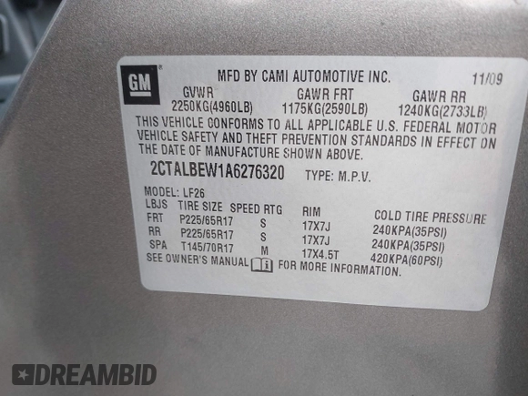 2010 GMC Terrain SLE-1 with VIN 2CTALBEW1A6276320, listed as a IAAI auction lot 41978199 with 112,078 mi miles. Bid and sale history available at carsss.com. Image 9.