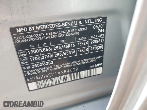 2001 Mercedes-Benz M 320/430/500 with VIN 4JGAB54E71A284509, listed as a IAAI auction lot 42637984 with 183,496 mi miles and . Bid and sale history available at DreamBid. Image 9.