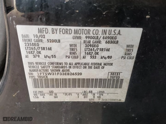2003 Ford Super Duty F-350 SRW XL with VIN 1FTSW31F33EB26520, listed as a Copart auction lot 76311114 with 217,421 mi miles and Salvage Title. Bid and sale history available at carsss.com. Image 14.