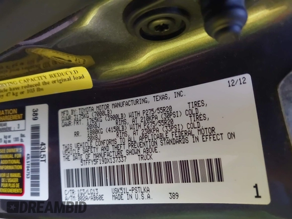 2013 Toyota Tundra Limited with VIN 5TFFY5F19DX137337, listed as a IAAI auction lot 41848771 with 182,886 mi miles and . Bid and sale history available at DreamBid. Image 9.