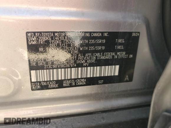2024 Toyota RAV4 XLE Premium with VIN 2T3C1RFV1RC287814, listed as a Copart auction lot 48802135 with 3,680 mi miles and Salvage title. Bid and sale history available at DreamBid. Image 14.