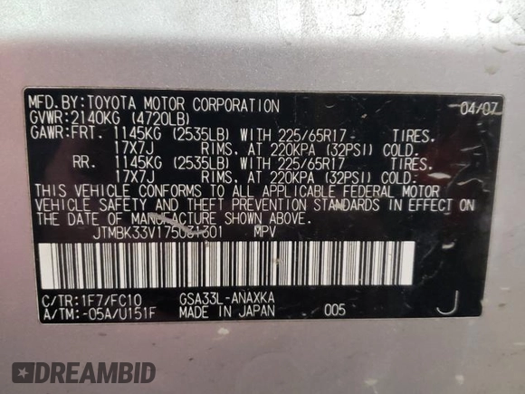 2007 Toyota RAV4 with VIN JTMBK33V175031301, listed as a Copart auction lot 88950405 with 92,502 mi miles and Salvage Title. Bid and sale history available at carsss.com. Image 12.