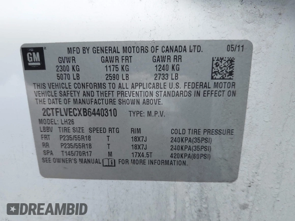 2011 GMC Terrain SLT-1 with VIN 2CTFLVECXB6440310, listed as a IAAI auction lot 41332028 with 176,783 mi miles and . Bid and sale history available at DreamBid. Image 9.