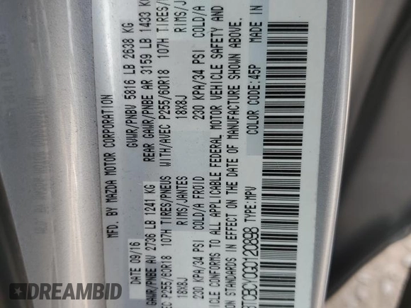 2016 Mazda CX-9 Touring z VIN JM3TCBCY0G0120898, wystawiony jako Copart lot #53628085 z przebiegiem 108 066 mil mil oraz Szkoda całkowita • Salvage title. Historia ofert i sprzedaży dostępna na DreamBid. Obrazek 13.