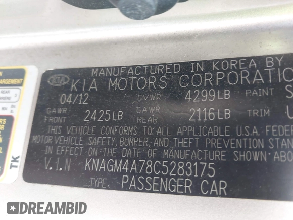 2012 Kia Optima LX with VIN KNAGM4A78C5283175, listed as a IAAI auction lot 42075886 with 123,112 mi miles and . Bid and sale history available at carsss.com. Image 9.