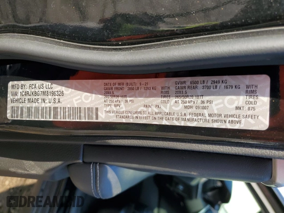 2021 Jeep Grand Cherokee Limited с VIN 1C4RJKBG7M8196326, выставлен на аукционе Copart как лот 56735995 с пробегом 59 663 миль миль и Списание • Salvage title. История ставок и продаж доступна на DreamBid. Изображение 14.