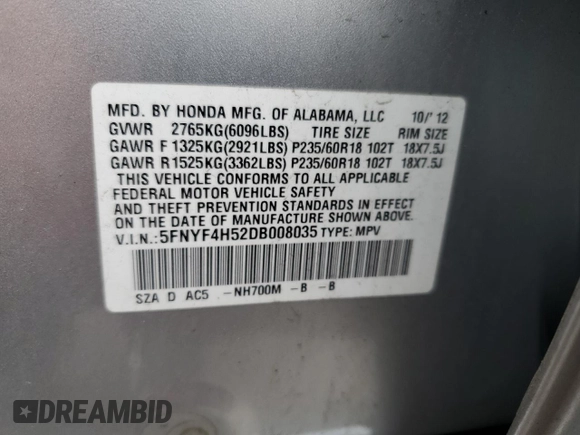 2013 Honda Pilot EX-L with VIN 5FNYF4H52DB008035, listed as a Copart auction lot 53249375 with 110,465 mi miles and Salvage Title. Bid and sale history available at carsss.com. Image 14.