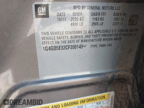2012 Buick LaCrosse Premium 1 with VIN 1G4GD5E32CF200149, listed as a IAAI auction lot 42202368 with 128,781 mi miles and . Bid and sale history available at DreamBid. Image 9.