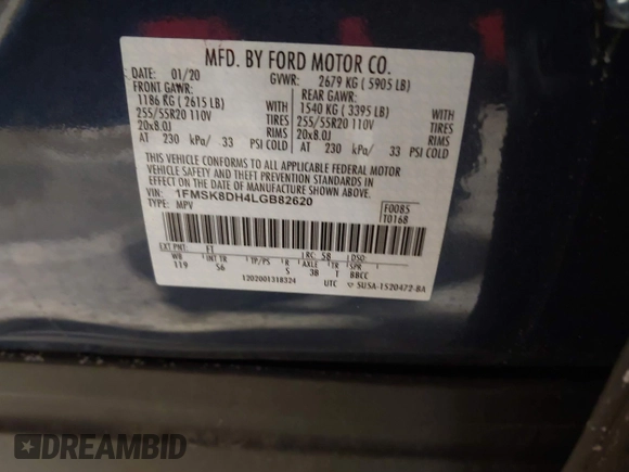 2020 Ford Explorer XLT with VIN 1FMSK8DH4LGB82620, listed as a IAAI auction lot 41394021 with 55,774 mi miles and . Bid and sale history available at DreamBid. Image 9.