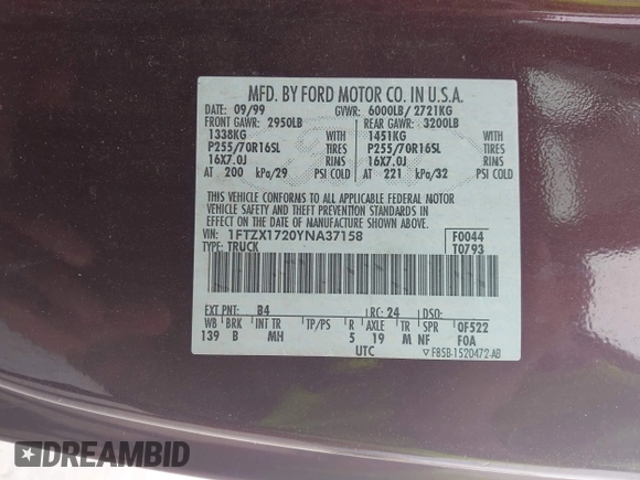 2000 Ford F-150 XL with VIN 1FTZX1720YNA37158, listed as a IAAI auction lot 42341862 with 278,180 mi miles and . Bid and sale history available at DreamBid. Image 9.