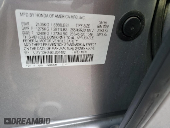 2019 Acura MDX Advance with VIN 5J8YD3H84KL001402, listed as a Copart auction lot 85201244 with 38,007 mi miles and Salvage title. Bid and sale history available at DreamBid. Image 13.