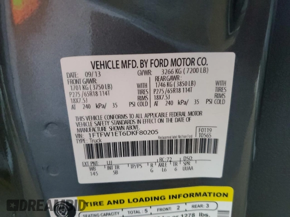 2013 Ford F-150 XL with VIN 1FTFW1ET6DKF80205, listed as a Copart auction lot 62275075 with 177,017 mi miles and Salvage title. Bid and sale history available at DreamBid. Image 13.