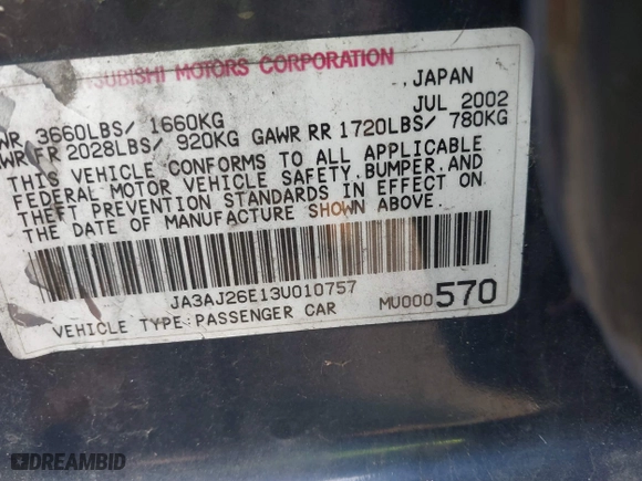 2003 Mitsubishi Lancer ES with VIN JA3AJ26E13U010757, listed as a IAAI auction lot 41450627 with 232,122 mi miles. Bid and sale history available at carsss.com. Image 9.