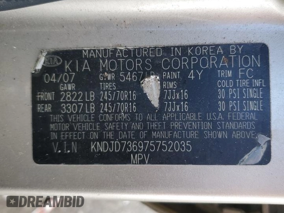 2007 Kia Sorento LX with VIN KNDJD736975752035, listed as a Copart auction lot 43319085 with 137,170 mi miles and Salvage title. Bid and sale history available at DreamBid. Image 13.