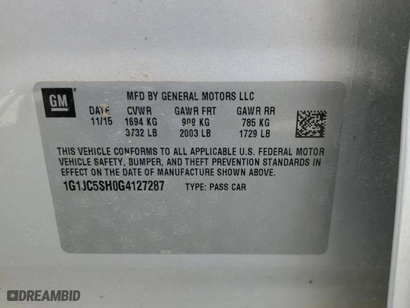 2016 Chevrolet Sonic LT with VIN 1G1JC5SH0G4127287, listed as a Copart auction lot 69288614 with 53,372 mi miles and Salvage Title. Bid and sale history available at carsss.com. Image 12.