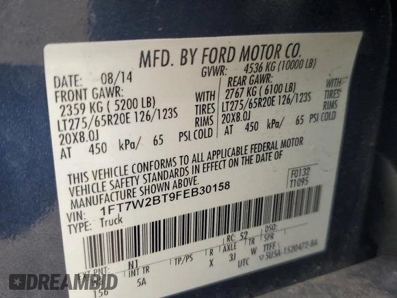 2015 Ford F-250 Lariat with VIN 1FT7W2BT9FEB30158, listed as a Copart auction lot 60708155 with 206,125 mi miles and Salvage title. Bid and sale history available at DreamBid. Image 12.