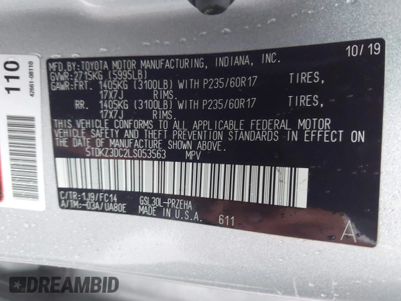 2020 Toyota Sienna LE Auto Access Seat z VIN 5TDKZ3DC2LS053563, wystawiony jako IAAI lot #41592409 z przebiegiem 55 128 mil mil oraz . Historia ofert i sprzedaży dostępna na DreamBid. Obrazek 9.