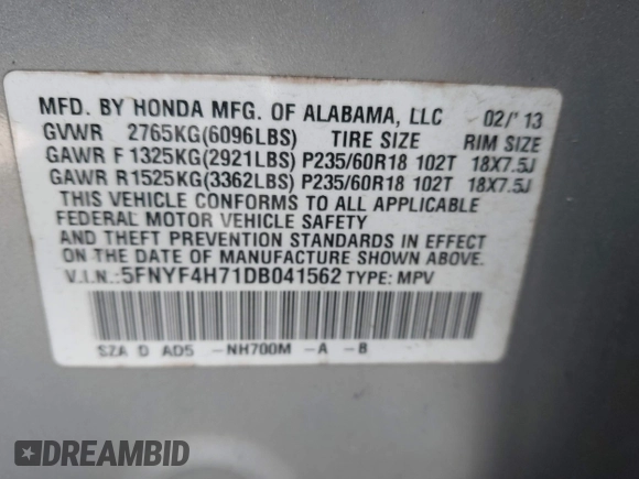 2013 Honda Pilot EX-L with VIN 5FNYF4H71DB041562, listed as a IAAI auction lot 41819184 with 136,014 mi miles and . Bid and sale history available at DreamBid. Image 9.
