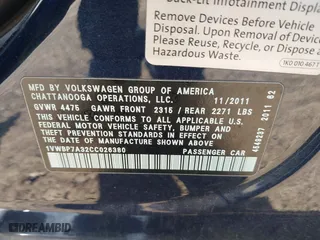 2012 Volkswagen Passat SE with VIN 1VWBP7A32CC026380, listed as a IAAI auction lot 41851980 with 158,784 mi miles. Bid and sale history available at carsss.com. Image 9.