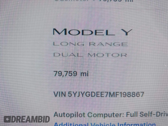 2021 Tesla Model Y Long Range with VIN 5YJYGDEE7MF198867, listed as a IAAI auction lot 42117463 with 79,759 mi miles and . Bid and sale history available at DreamBid. Image 15.
