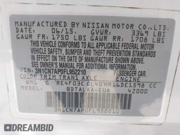 2015 Nissan Versa S Plus with VIN 3N1CN7AP0FL952210, listed as a IAAI auction lot 41754067 with 157,412 mi miles and . Bid and sale history available at DreamBid. Image 9.