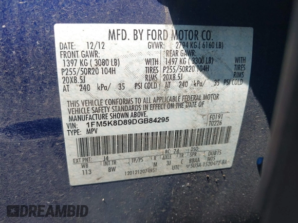 2013 Ford Explorer XLT z VIN 1FM5K8D89DGB84295, wystawiony jako IAAI lot #42420313 z przebiegiem 185 309 mil mil oraz . Historia ofert i sprzedaży dostępna na DreamBid. Obrazek 9.