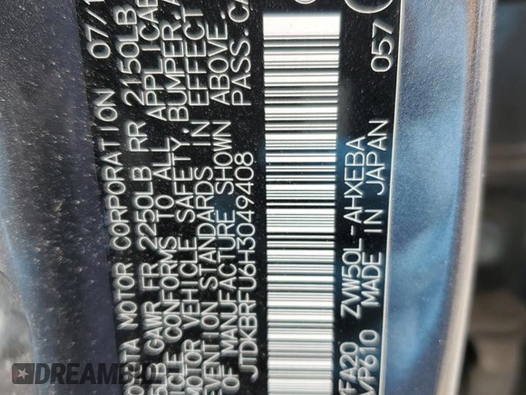 2017 Toyota Prius Two with VIN JTDKBRFU6H3049408, listed as a Copart auction lot 46147355 with 153,351 mi miles and Salvage Title. Bid and sale history available at DreamBid. Image 14.