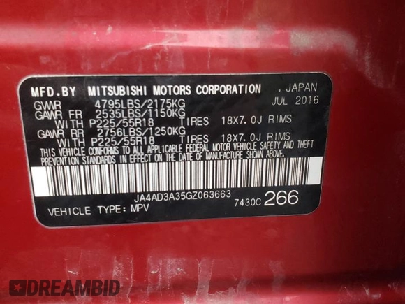 2016 Mitsubishi Outlander SE with VIN JA4AD3A35GZ063663, listed as a Copart auction lot 60103075 with Not provided miles and Salvage title. Bid and sale history available at DreamBid. Image 15.