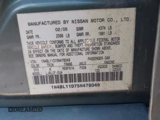 2005 Nissan Altima 3.5 SE with VIN 1N4BL11D75N478049, listed as a IAAI auction lot 41316125 with 160,748 mi miles. Bid and sale history available at carsss.com. Image 9.