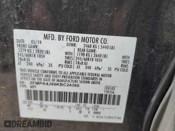 2019 Ford Edge SEL with VIN 2FMPK4J90KBC24380, listed as a Copart auction lot 46862135 with 67,905 mi miles and Salvage title. Bid and sale history available at DreamBid. Image 13.