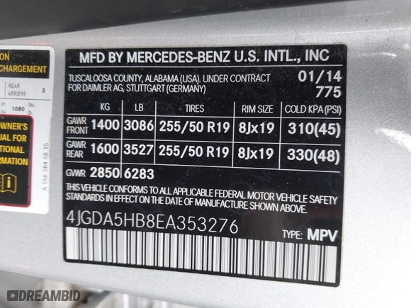 2014 Mercedes-Benz M-Class ML 350 with VIN 4JGDA5HB8EA353276, listed as a IAAI auction lot 41709756 with 189,512 mi miles. Bid and sale history available at carsss.com. Image 9.
