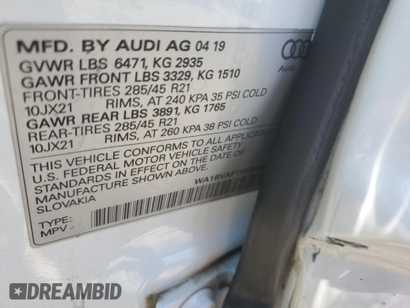 2019 Audi Q8 Premium Plus z VIN WA1BVAF15KD038166, wystawiony jako Copart lot #59090975 z przebiegiem 101 905 mil mil oraz Szkoda całkowita • Salvage title. Historia ofert i sprzedaży dostępna na DreamBid. Obrazek 13.