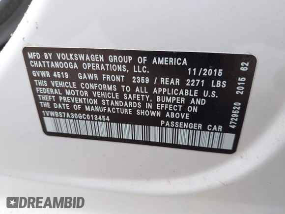 2016 Volkswagen Passat SE z VIN 1VWBS7A30GC013454, wystawiony jako IAAI lot #41477109 z przebiegiem 134 027 mil mil oraz . Historia ofert i sprzedaży dostępna na DreamBid. Obrazek 9.