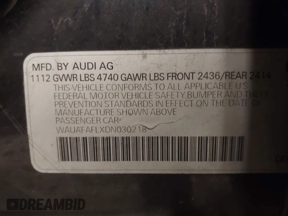 2013 Audi A4 Premium with VIN WAUAFAFLXDN030218, listed as a IAAI auction lot 41571022 with 195,362 mi miles. Bid and sale history available at carsss.com. Image 9.