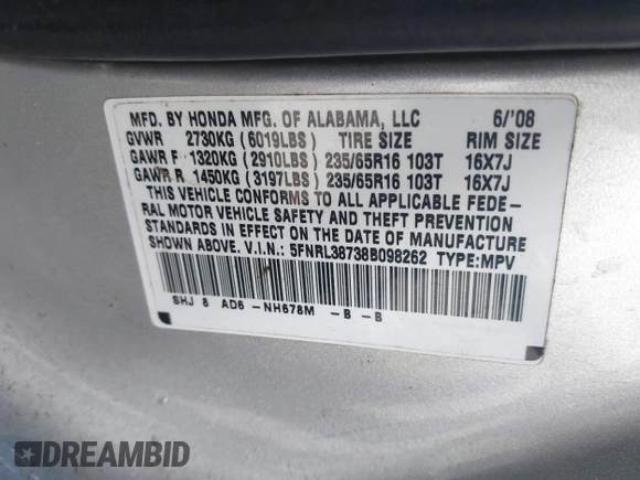 2008 Honda Odyssey EX-L with VIN 5FNRL38738B098262, listed as a IAAI auction lot 42061465 with 207,825 mi miles and . Bid and sale history available at DreamBid. Image 9.