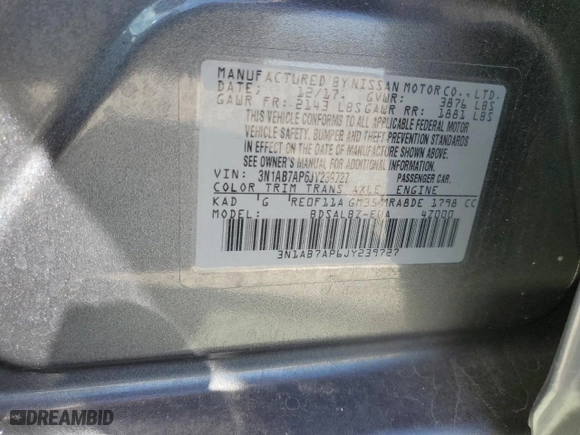 2018 Nissan Sentra S with VIN 3N1AB7AP6JY239727, listed as a Copart auction lot 49300935 with 83,821 mi miles and Salvage Title. Bid and sale history available at carsss.com. Image 13.