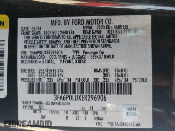 2014 Ford Fusion SE Hybrid with VIN 3FA6P0LUXER296906, listed as a Copart auction lot 62265414 with 135,332 mi miles and Salvage title. Bid and sale history available at DreamBid. Image 14.