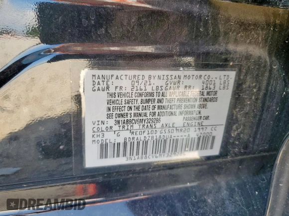2021 Nissan Sentra SV with VIN 3N1AB8CV6MY329286, listed as a Copart auction lot 60121775 with Not provided miles and Salvage title. Bid and sale history available at DreamBid. Image 12.