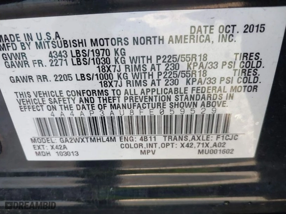 2015 Mitsubishi Outlander Sport ES with VIN 4A4AP3AU8FE059529, listed as a IAAI auction lot 41760975 with 110,977 mi miles. Bid and sale history available at carsss.com. Image 9.
