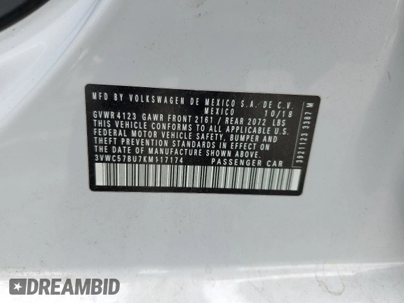 2019 Volkswagen Jetta S with VIN 3VWC57BU7KM117174, listed as a Copart auction lot 54753005 with 62,531 mi miles and Salvage title. Bid and sale history available at DreamBid. Image 12.