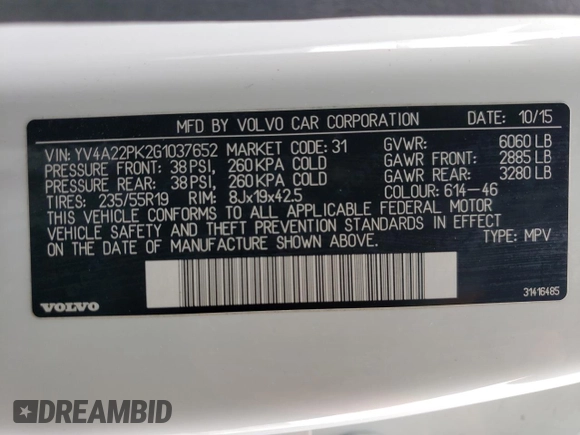 2016 Volvo XC90 T6 Momentum with VIN YV4A22PK2G1037652, listed as a Copart auction lot 49679815 with 110,467 mi miles and Salvage Title. Bid and sale history available at carsss.com. Image 14.