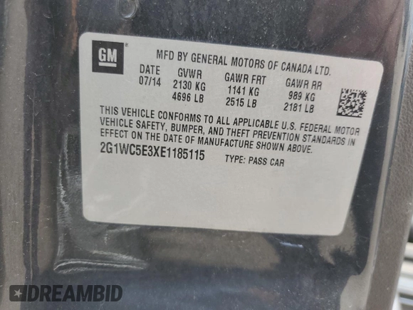 2014 Chevrolet Impala LTZ with VIN 2G1WC5E3XE1185115, listed as a Copart auction lot 60690785 with 119,947 mi miles and Salvage title. Bid and sale history available at DreamBid. Image 13.