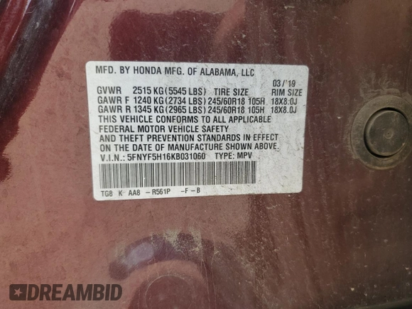 2019 Honda Pilot LX with VIN 5FNYF5H16KB031060, listed as a Copart auction lot 50821515 with 164,706 mi miles and Salvage Title. Bid and sale history available at DreamBid. Image 15.