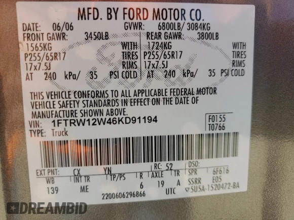 2006 Ford F-150 XLT with VIN 1FTRW12W46KD91194, listed as a Copart auction lot 46920225 with 373,732 mi miles and Salvage title. Bid and sale history available at DreamBid. Image 12.