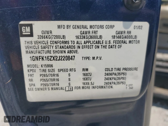 2002 Chevrolet Suburban LT with VIN 1GNFK16ZX2J220847, listed as a Copart auction lot 60745004 with 264,547 mi miles and Salvage Title. Bid and sale history available at carsss.com. Image 13.