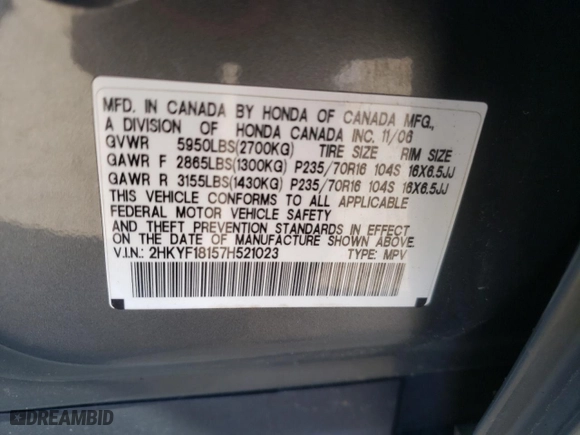 2007 Honda Pilot LX with VIN 2HKYF18157H521023, listed as a Copart auction lot 50162135 with 230,042 mi miles and Salvage Title. Bid and sale history available at carsss.com. Image 15.