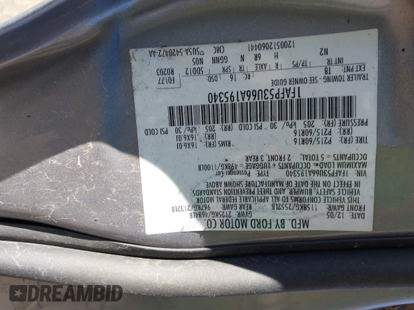 2006 Ford Taurus SE with VIN 1FAFP53U66A195340, listed as a IAAI auction lot 41861775 with 174,226 mi miles. Bid and sale history available at carsss.com. Image 9.
