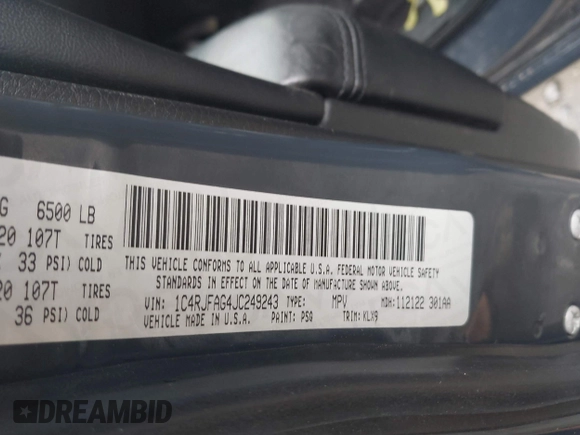 2018 Jeep Grand Cherokee Upland with VIN 1C4RJFAG4JC249243, listed as a IAAI auction lot 42291794 with 194,501 mi miles and . Bid and sale history available at DreamBid. Image 9.